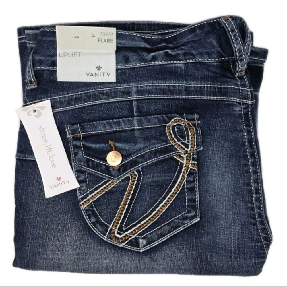 Vanity Uplift Orange Stitch Flare Blue Jeans 33x33 Mid-rise Women's NWT - Picture 3 of 15